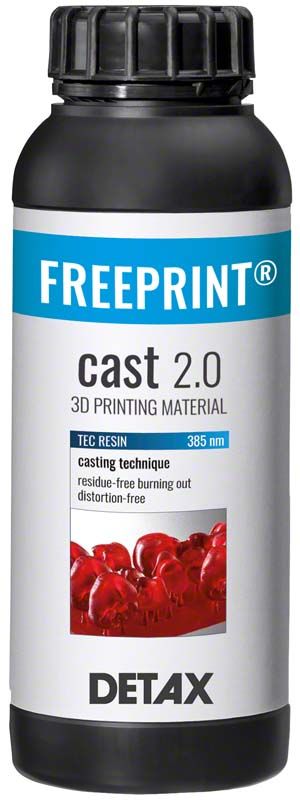 Schwarze Flasche mit Etikett "FREEPRINT® cast 2.0 3D Printing Material".
