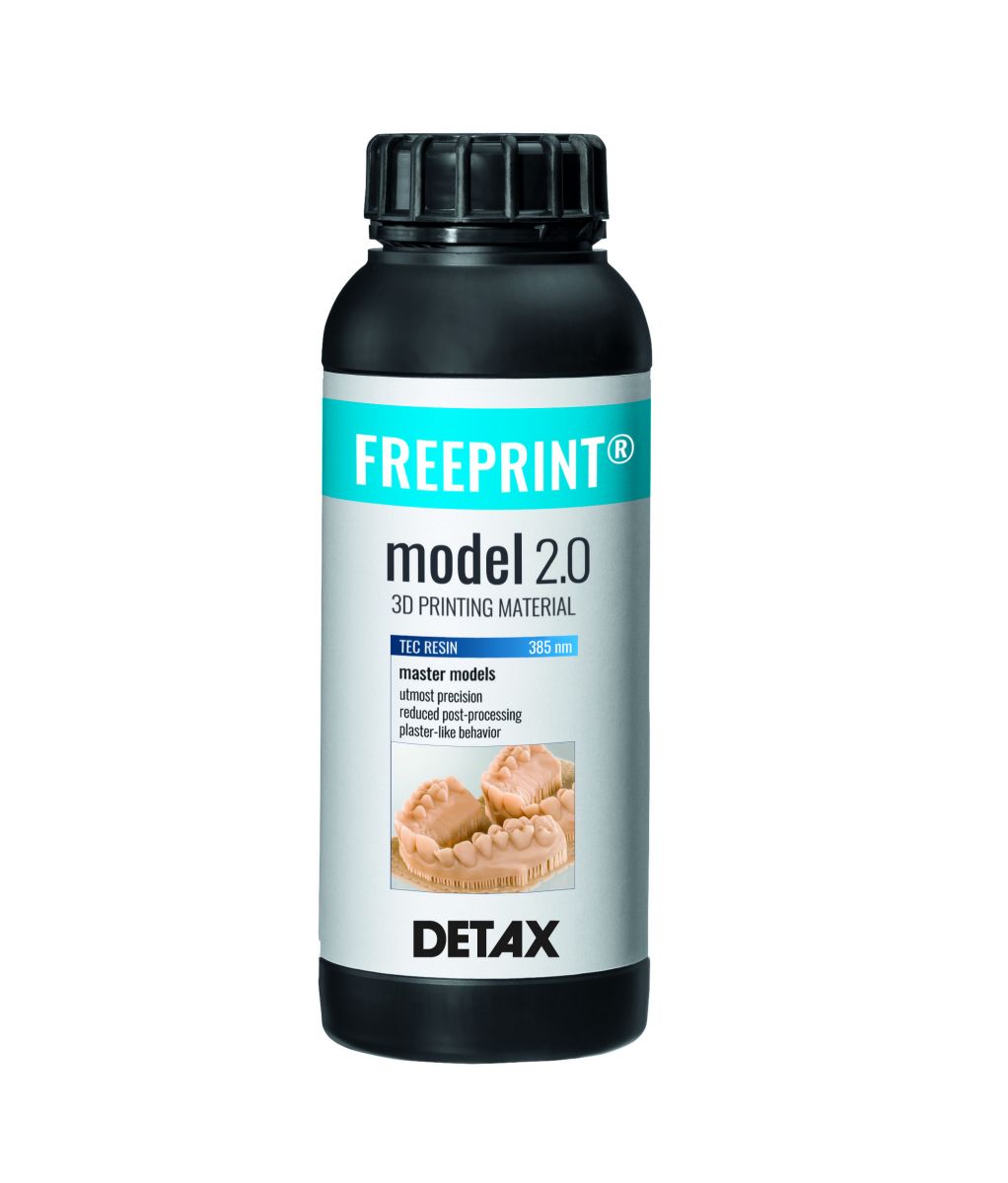 Flasche mit FREEPRINT® 2.0 3D-Druckmaterial für Dentalanwendungen.