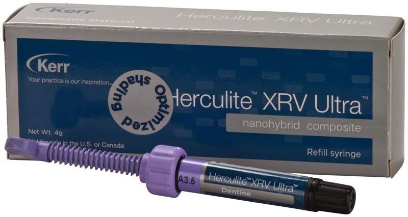 Herculite XRV Ultra Dentin Spritze A3,5 vor Produktverpackung.