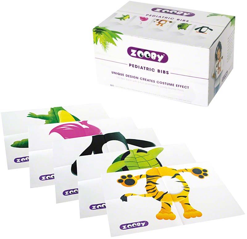 Zooby® Kinder-Patientenservietten mit Tiermotiven, Verpackung und Servietten sichtbar.