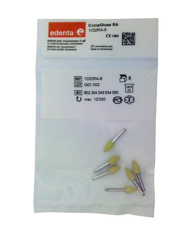 Verschlossene Verpackung mit CompGloss Polierer Kelch dunkelgrün und Produktinformationen.