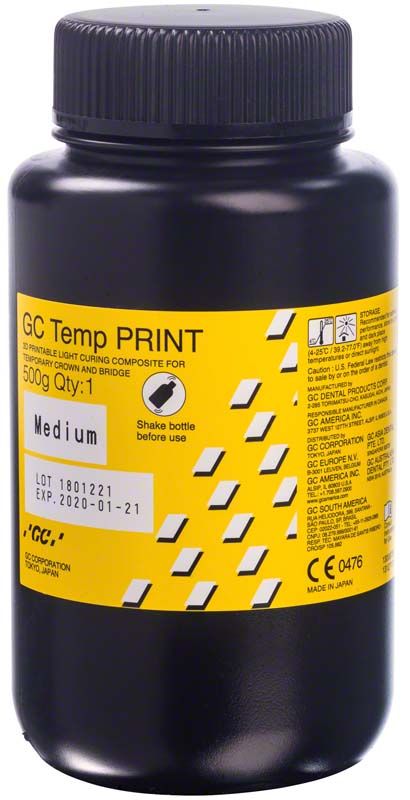 Schwarze Flasche GC Temp PRINT™ Medium mit gelbem Etikett und Produktinformationen.
