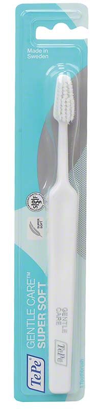 Weiße TePe Gentle Care™ Zahnbürste in Originalverpackung.