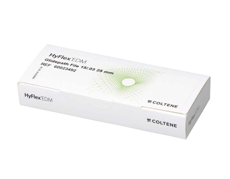 HyFlex™ EDM Glide Path File 15/.03 in weißer Kartonverpackung mit grünem Muster.