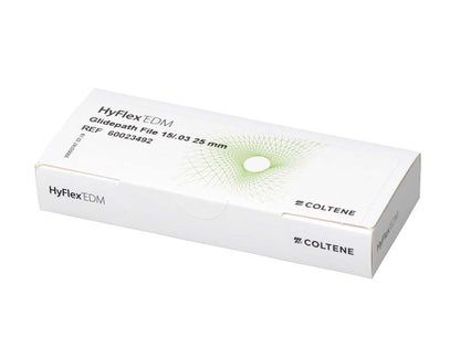 HyFlex™ EDM Glide Path File 15/.03 in weißer Kartonverpackung mit grünem Muster.