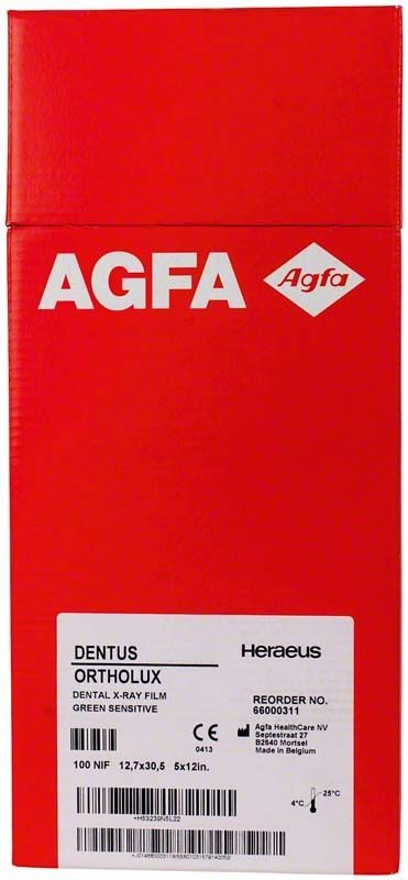 Röntgenfilm AGFA DENTUS ORTHOLUX in roter Verpackung mit Etikett.