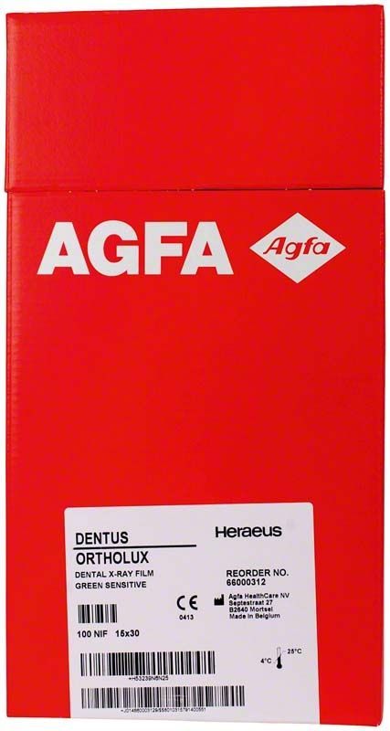 AGFA DENTUS ORTHOLUX Röntgenfilmverpackung in Rot mit Produktdetails.