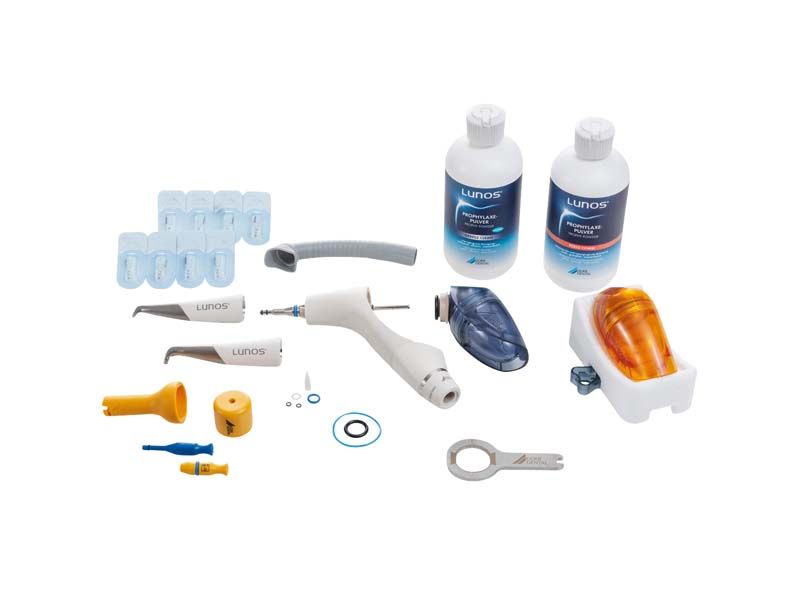 MyLunos Pulver-Wasserstrahl-Handstück Set mit Zubehör und zwei Flaschen.