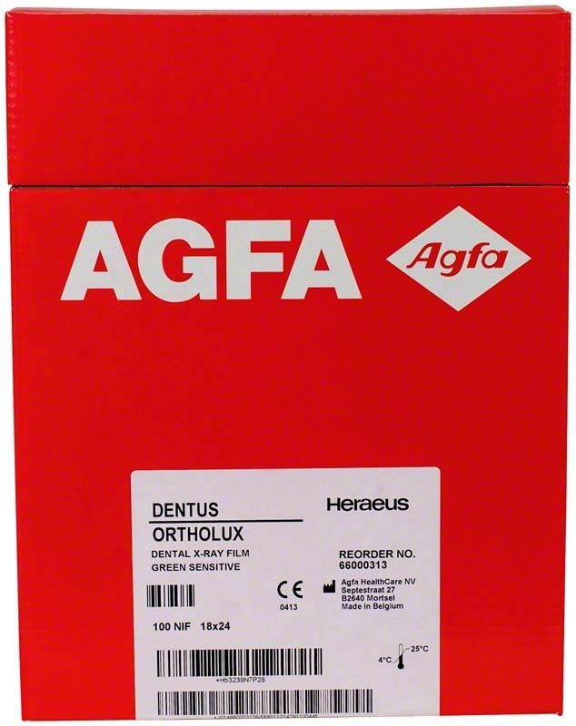 Rote Verpackung des AGFA DENTUS ORTHOLUX Röntgenfilms, 18 x 24 cm.