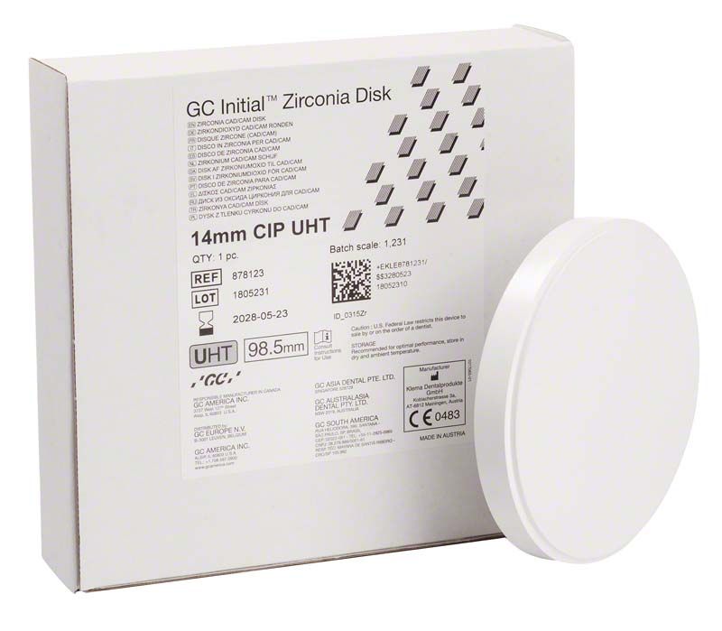 GC Initial™ Zirconia Disc UHT 98,5 x 14mm vor Verpackung.