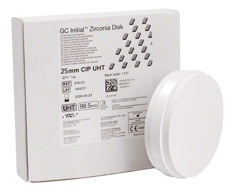 GC Initial™ Zirconia Disc UHT 98,5 x 25mm vor Verpackung.