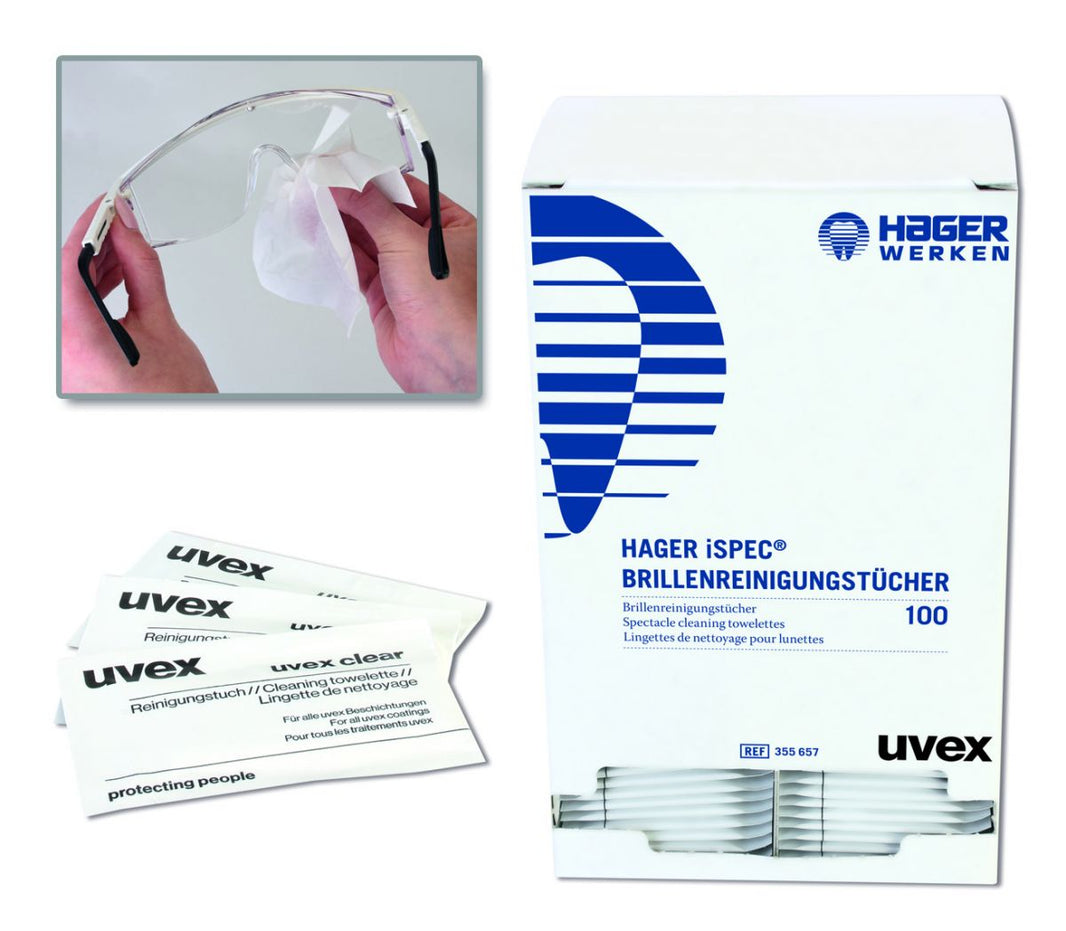 Hager iSpec Brillenreinigungstücher in Einzelverpackung neben Produktverpackung.