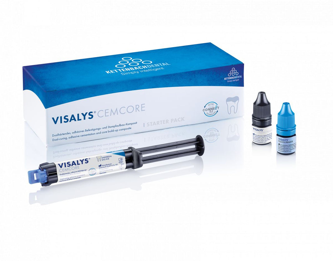 Visalys® CemCore Starter Pack Universal (A2/A3) mit Spritze und zwei Fläschchen.