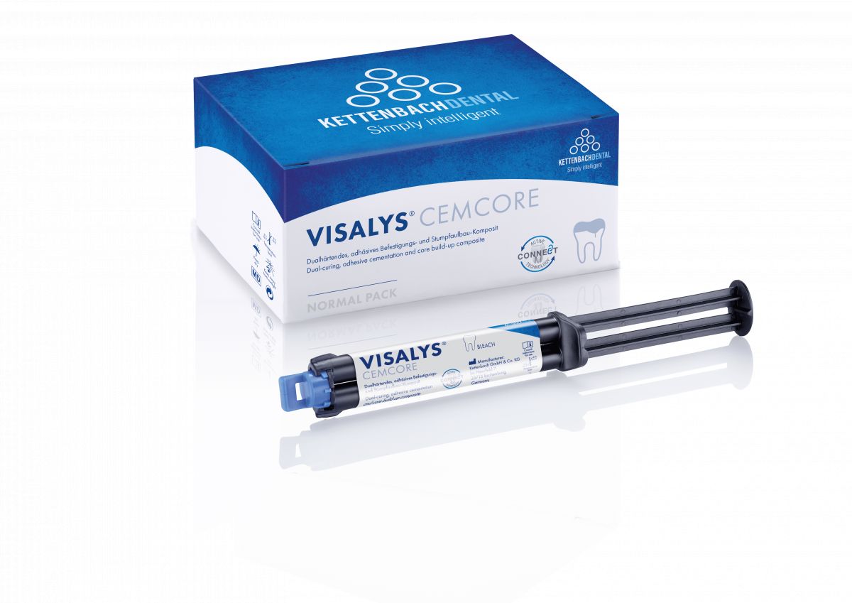 Visalys® CemCore Bleach Karton mit Applikationsspritze auf weißem Hintergrund.
