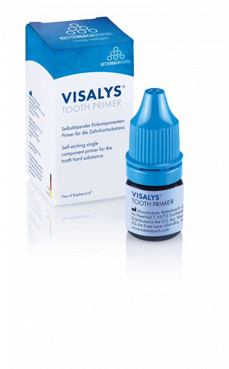 Visalys® Tooth Primer Fläschchen vor Verpackung mit Produktinformationen