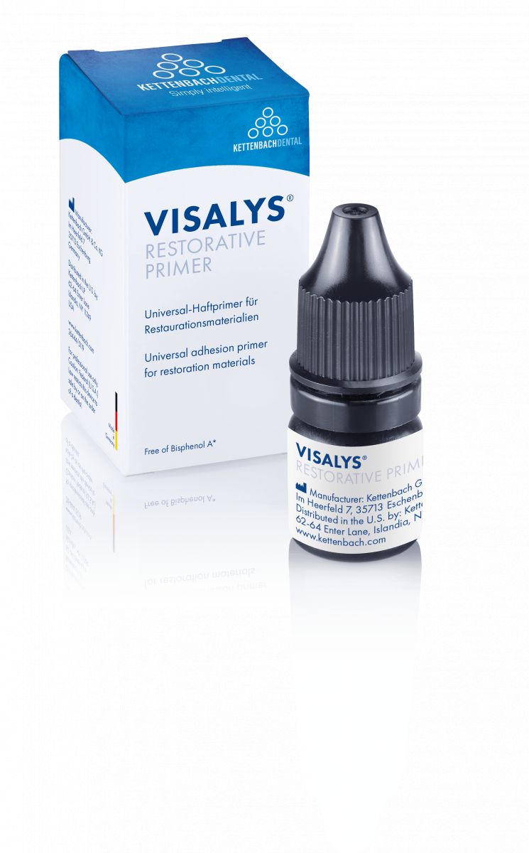 Visalys Restorative Primer Flasche und Verpackung für Dentalanwendungen.