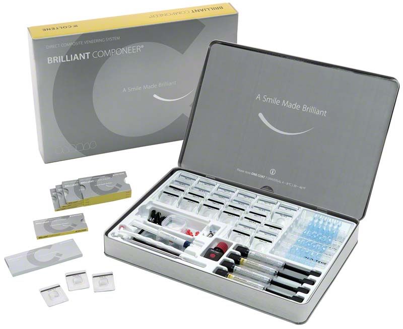 BRILLIANT COMPONEER® Spritzen Introkit mit verschiedenen Zahnkompositen in Metallbox.
