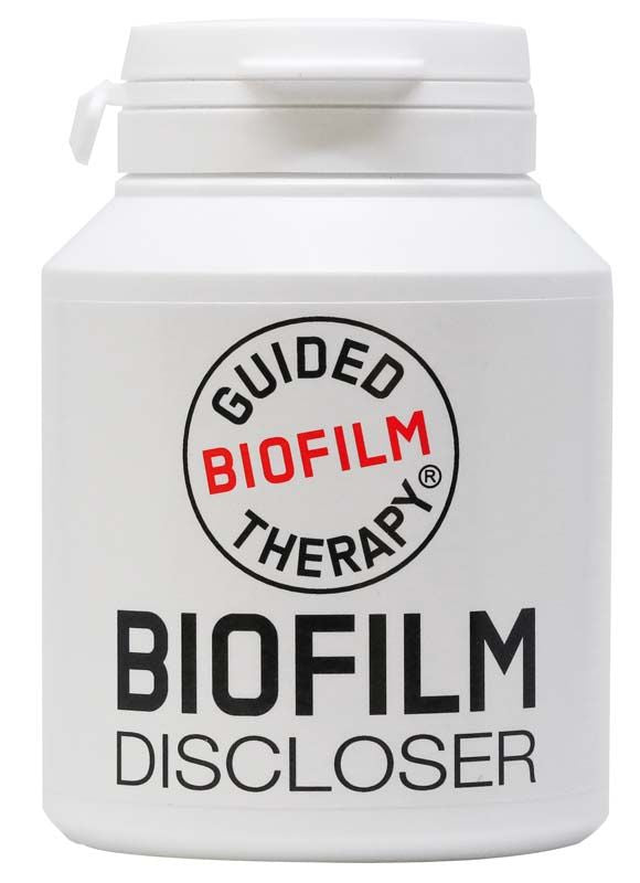 Weißer Behälter mit BIOFILM Discloser-Logo für Plaque-Erkennung.