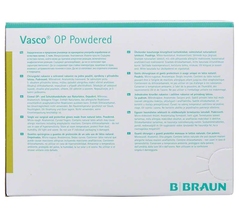 Vorderansicht der Verpackung von Vasco® OP gepudert Gr.6 mit Text und B. Braun Logo.