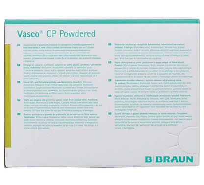 Vorderansicht der Verpackung von Vasco® OP gepudert Gr.6 mit Text und B. Braun Logo.