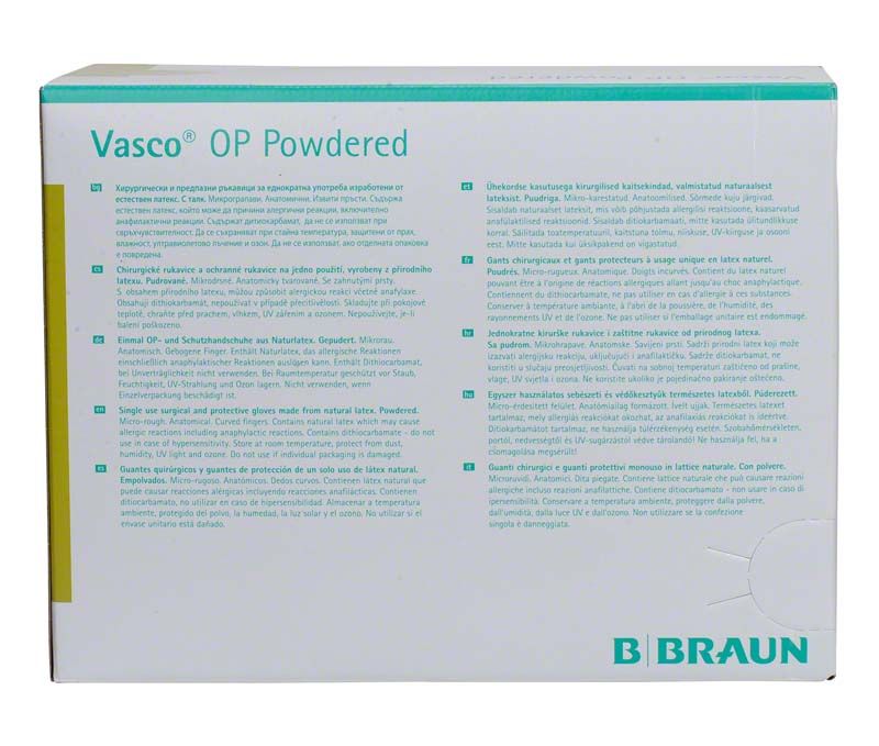 Verpackung der Vasco® OP gepudert Gr.6,5 mit mehrsprachiger Beschreibung.