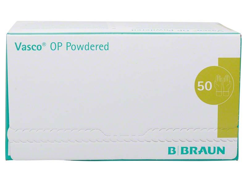 Verpackung der Vasco® OP gepudert Gr.8,5 mit B. Braun Logo und Handschuhsymbol.
