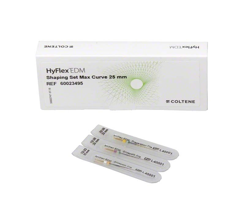 HyFlex™ EDM Shaping Max Curve Set 25mm in weißer Verpackung mit drei Endofeilen.