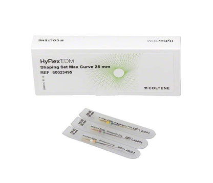 HyFlex™ EDM Shaping Max Curve Set 25mm in weißer Verpackung mit drei Endofeilen.