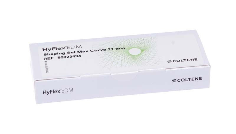 HyFlex™ EDM Shaping Set Max Curve 21mm in weißer Verpackung mit grünem Muster.