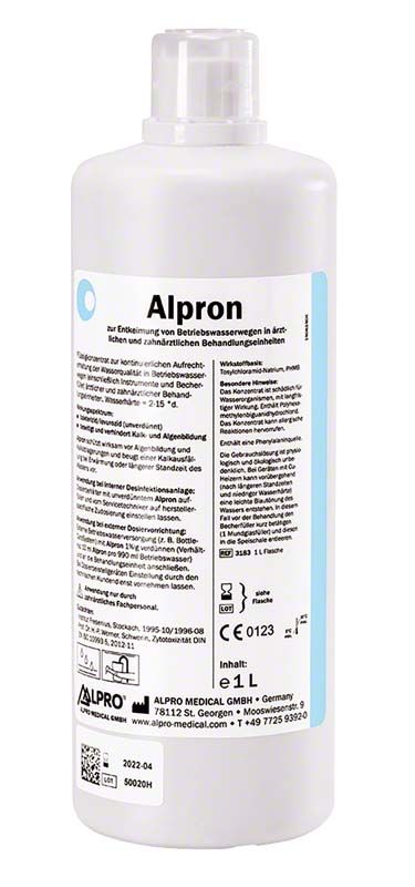 Alpron Betriebswasserentkeimungskonzentrat-Flasche mit Etikett und Produktinformationen.