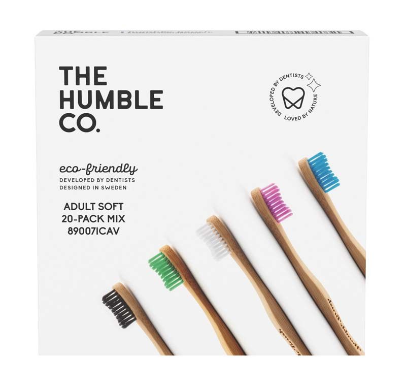 Verpackung von Humble Brush Zahnbürsten mit weichen Borsten in fünf Farben.