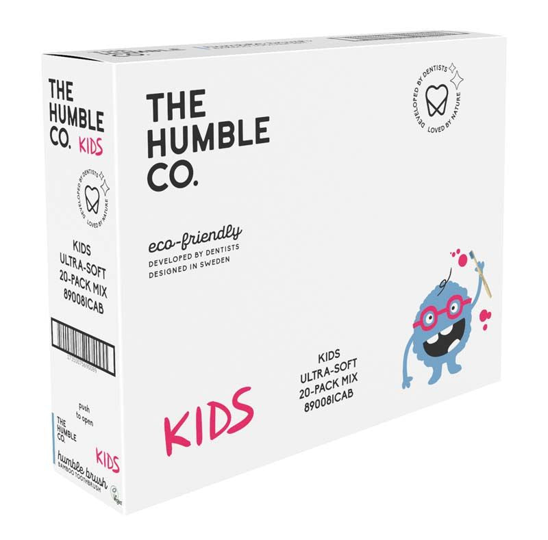 Kinderzahnbürsten-Verpackung "Humble Brush Kinder ultrasoft sortiert", umweltfreundlich und zahnärztlich entwickelt.