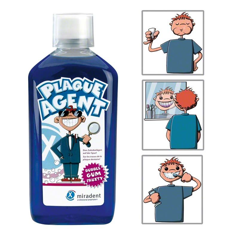 Plaque Agent® 500ml Flasche mit Illustrationen zur Anwendung bei Kindern.