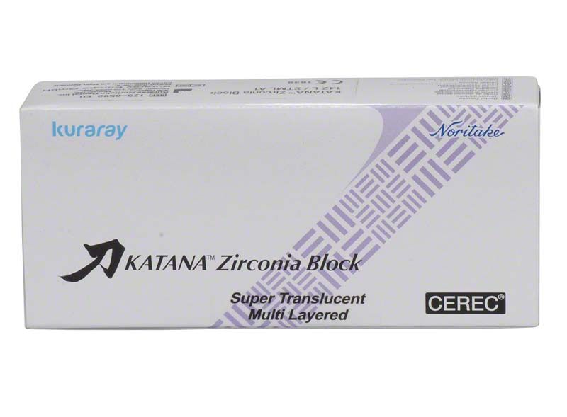 KATANA™ Zirconia Block Verpackung mit mehrschichtiger Zirkon-Aufschrift.
