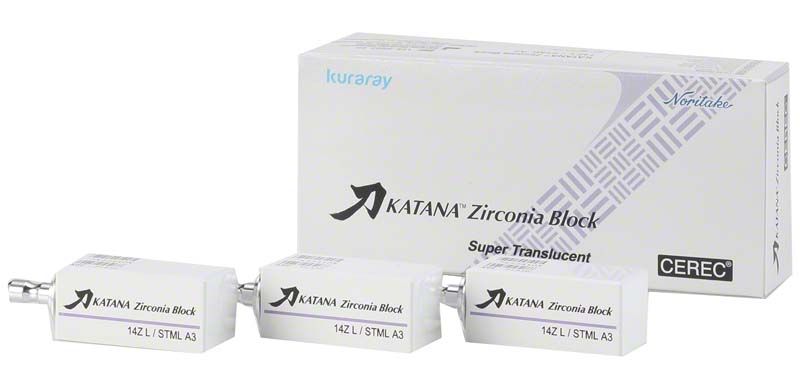 Verpackung und drei KATANA™ Zirconia Blöcke STML 14Z L A3.
