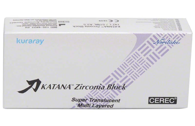 KATANA™ Zirconia Block STML 14Z L A3.5 Verpackung mit Markenlogo und Produktinformationen.