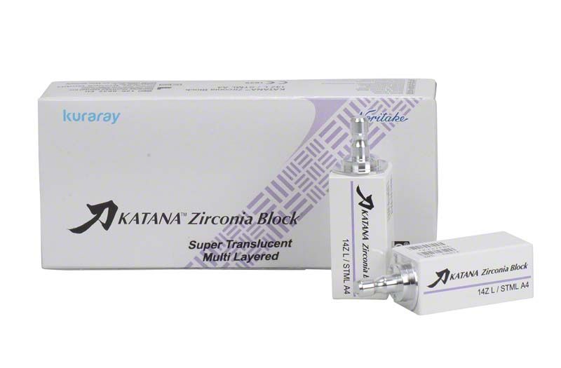 KATANA™ Zirconia Block STML 14Z L A4 vor Produktverpackung.