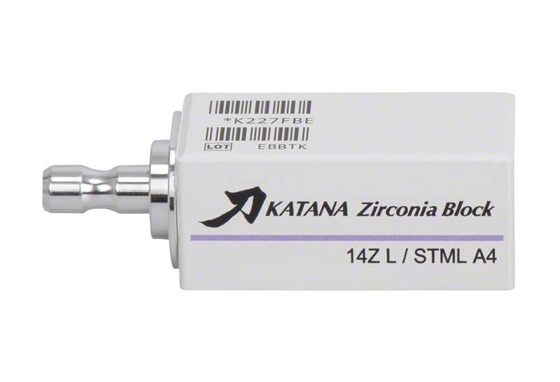 KATANA™ Zirconia Block STML 14Z L A4 mit Barcode und Seriennummer.