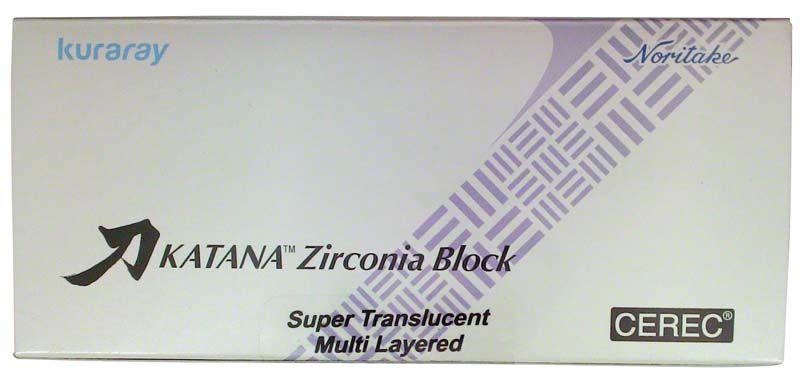 KATANA™ Zirconia Block Verpackung mit mehrschichtigem Design und Logo.