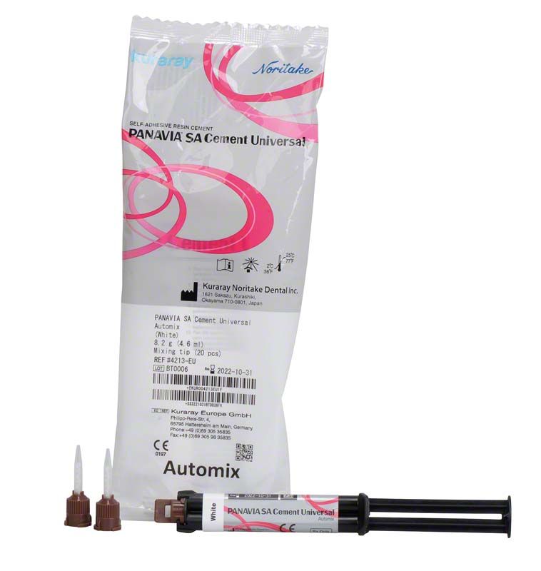 PANAVIA™ SA Cement Universal Automix Spritze White mit Verpackung und Zubehör.