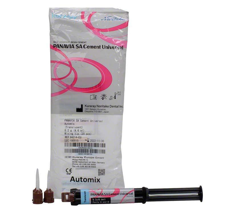 PANAVIA™ SA Cement Universal Automix Spritze und Verpackung mit Zubehör.