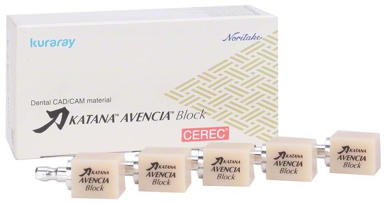 KATANA™ AVENCIA™ Block Cerec 12 A3,5 dentaler CAD/CAM-Block vor Verpackung.