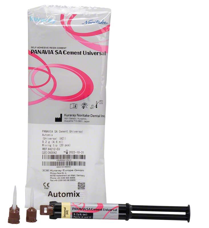 PANAVIA™ SA Cement Universal Automix Spritze A2 mit Zubehör und Verpackung.