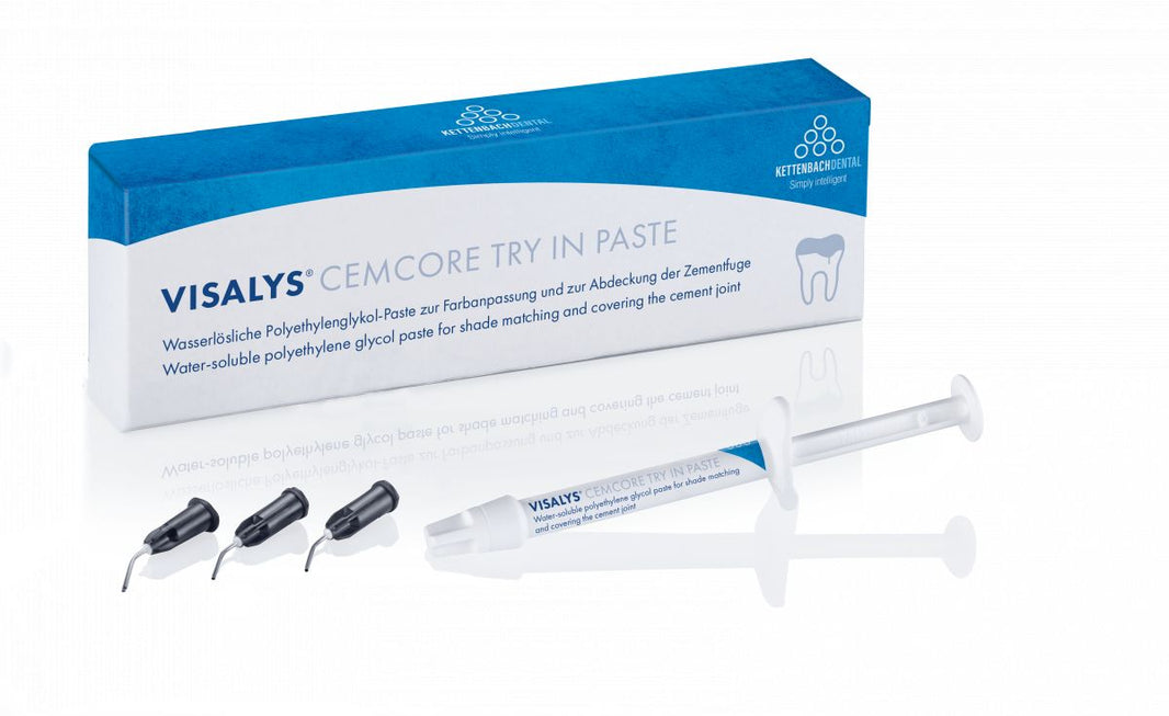 Visalys® CemCore Try In Paste Universal mit drei Applikationsspitzen und Verpackung.