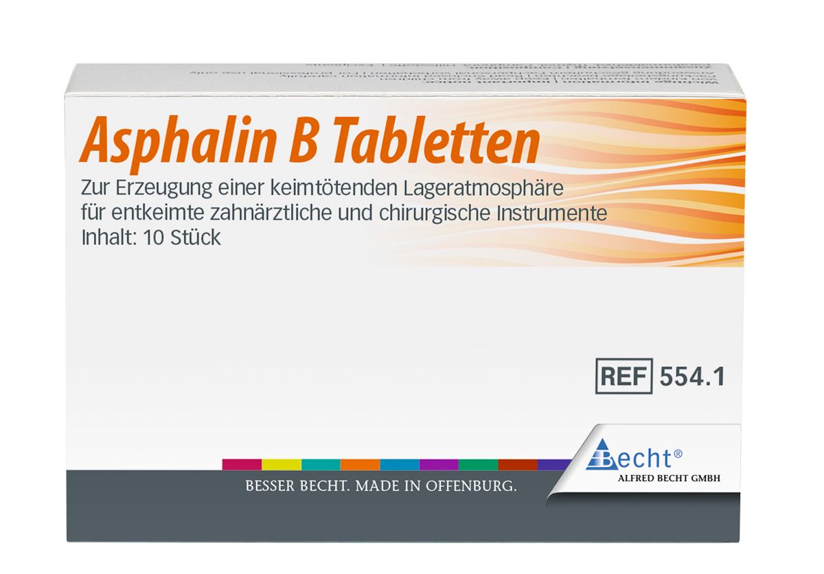 Asphalin B Tabletten Verpackung für sterile Instrumentenaufbewahrung.
