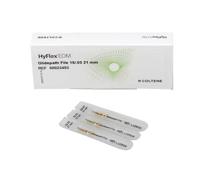HyFlex™ EDM Niti-Feilen 21mm Verpackung mit drei Feilen sichtbar.