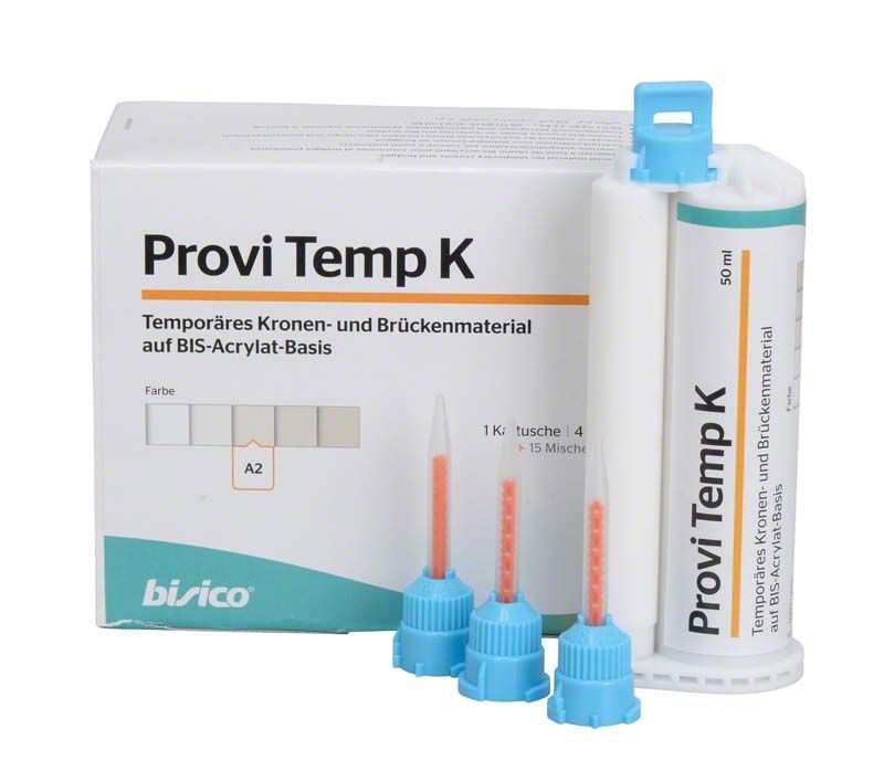 Kartusche Provi Temp K A2 mit Verpackung und Applikationsspitzen.