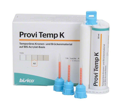 Kartusche Provi Temp K A2 mit Verpackung und Applikationsspitzen.
