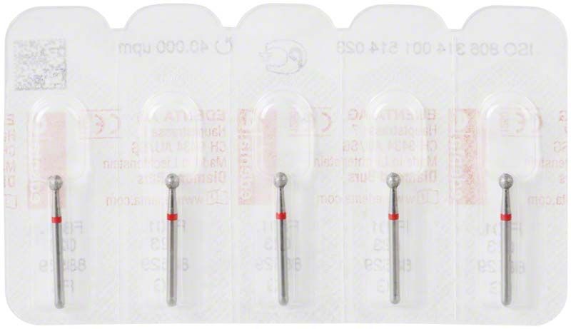 Diamantschleifer FG 801F 023 in Blisterverpackung für zahnmedizinische Anwendungen.