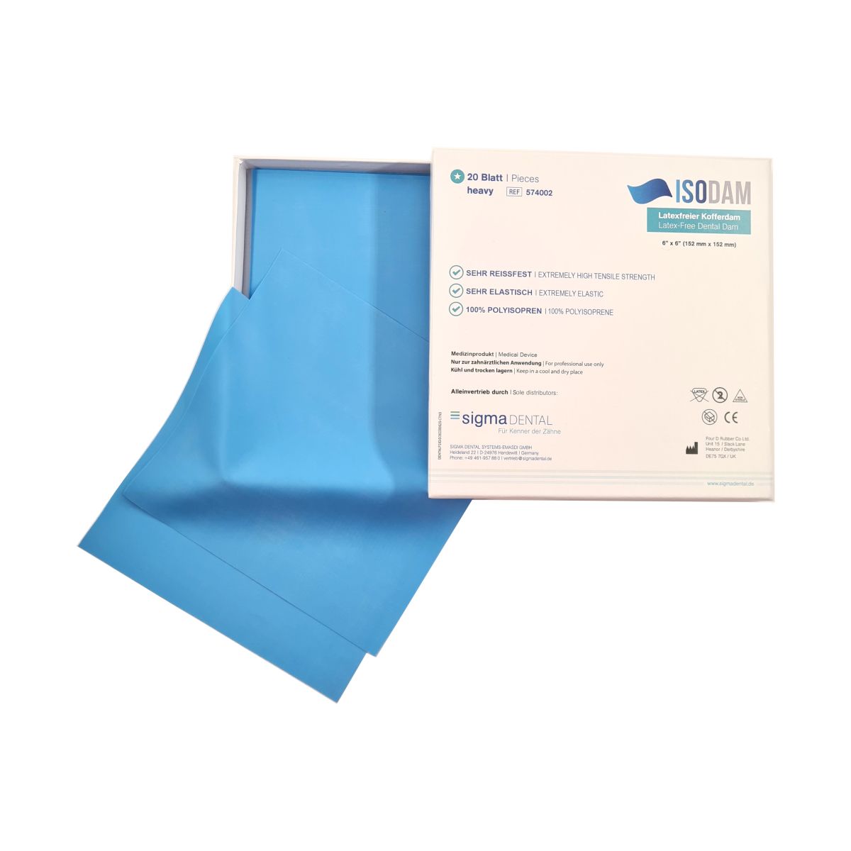 Isodam Kofferdam Hellblau, 6x6, latexfrei, mit geöffneter Verpackung.